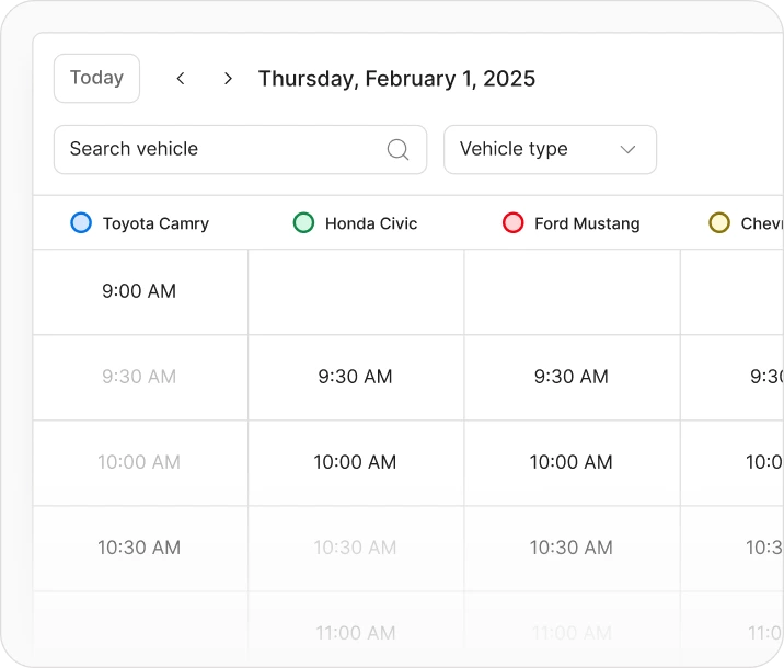 Valara slot-based booking calendar showing vehicle availability by time